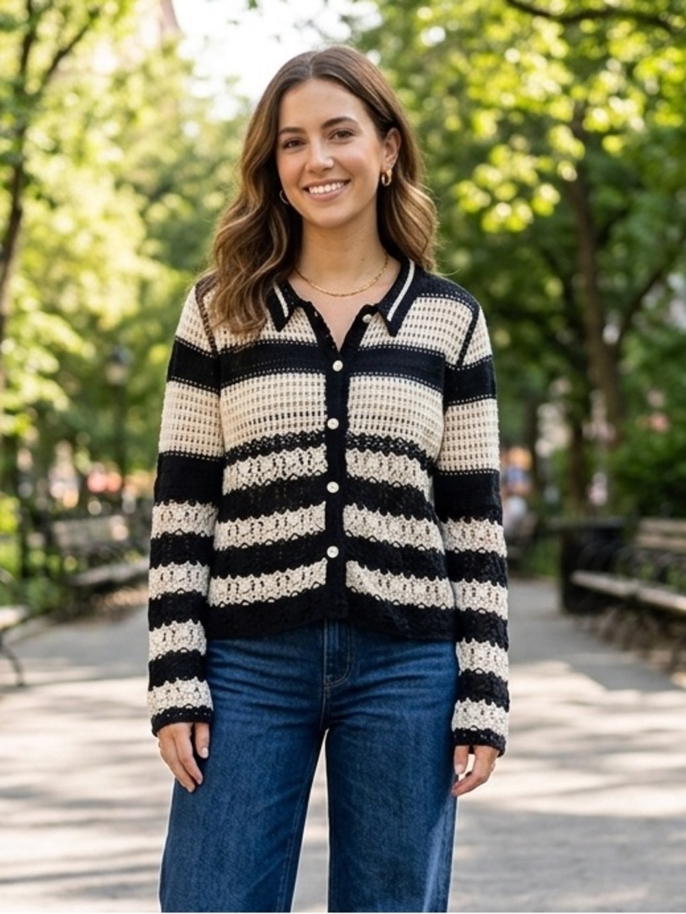 Striped Crochet Button-Up Cardigan in Black & Cream